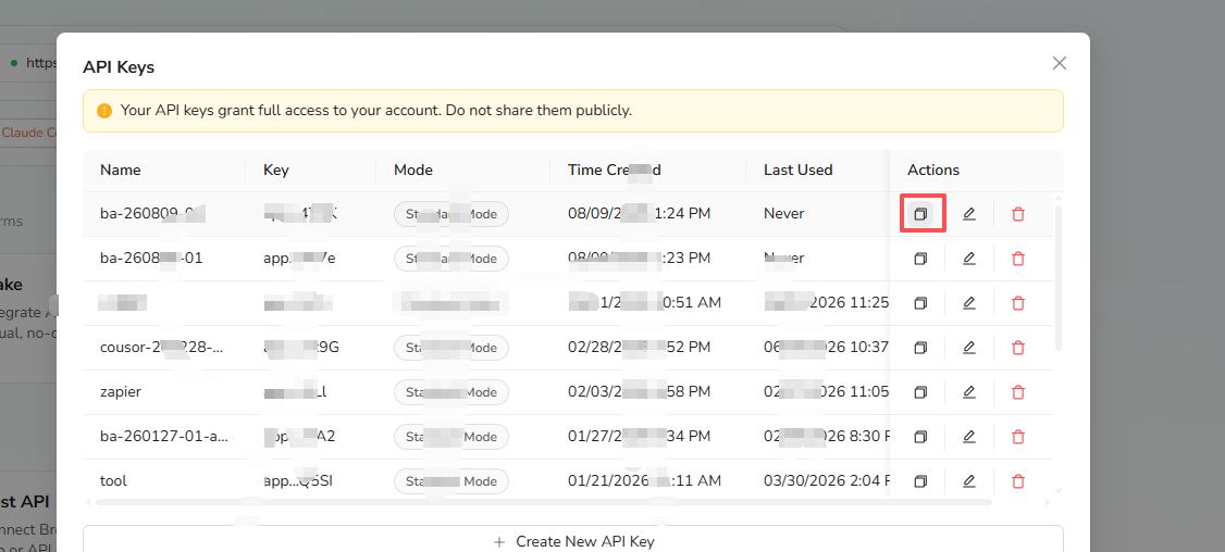 Copy, edit, or delete an API key