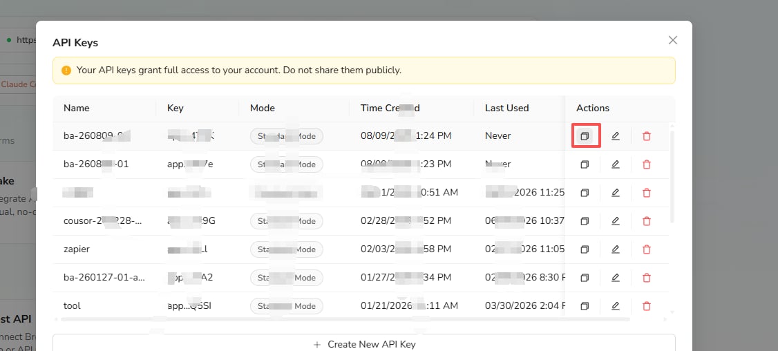 Copy, edit, or delete an API key
