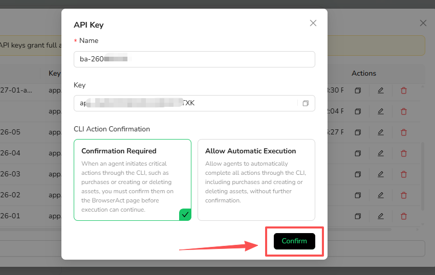 Name the API key and choose its confirmation mode