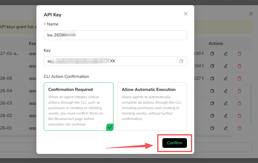 Name the API key and choose its confirmation mode
