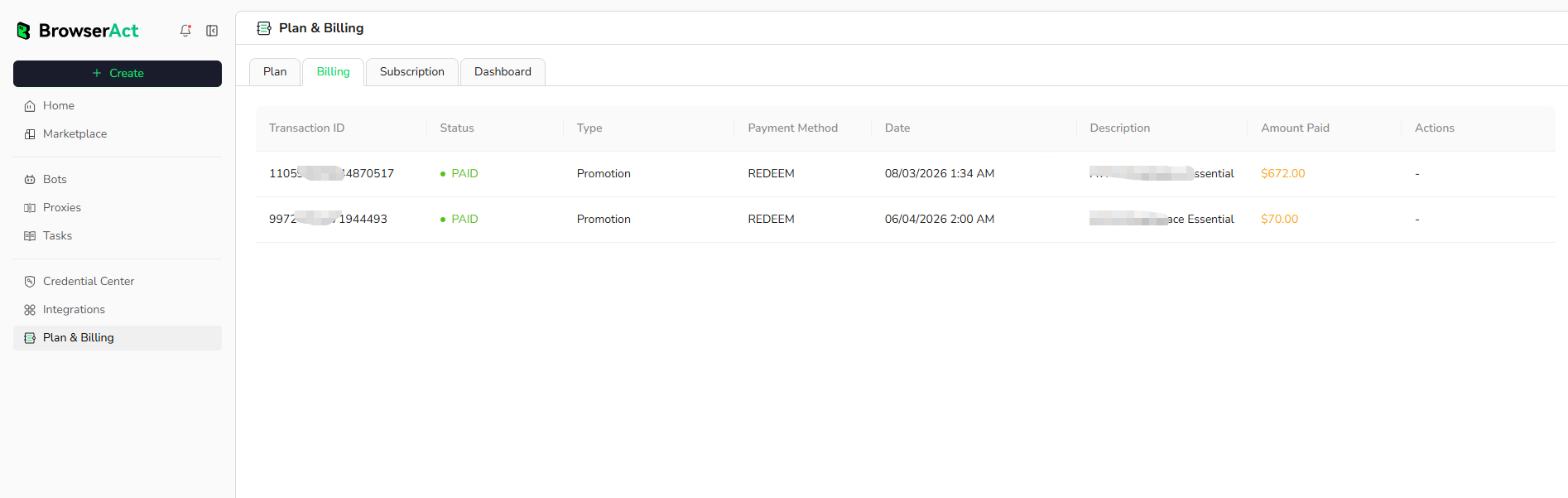 Review BrowserAct billing history