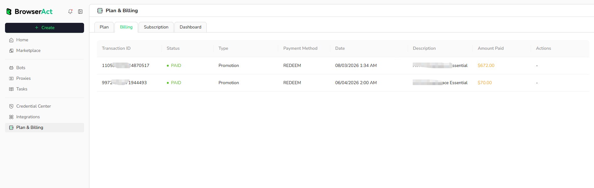 Review BrowserAct billing history
