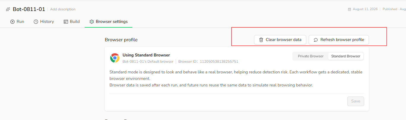 Clear browser data or refresh the browser profile