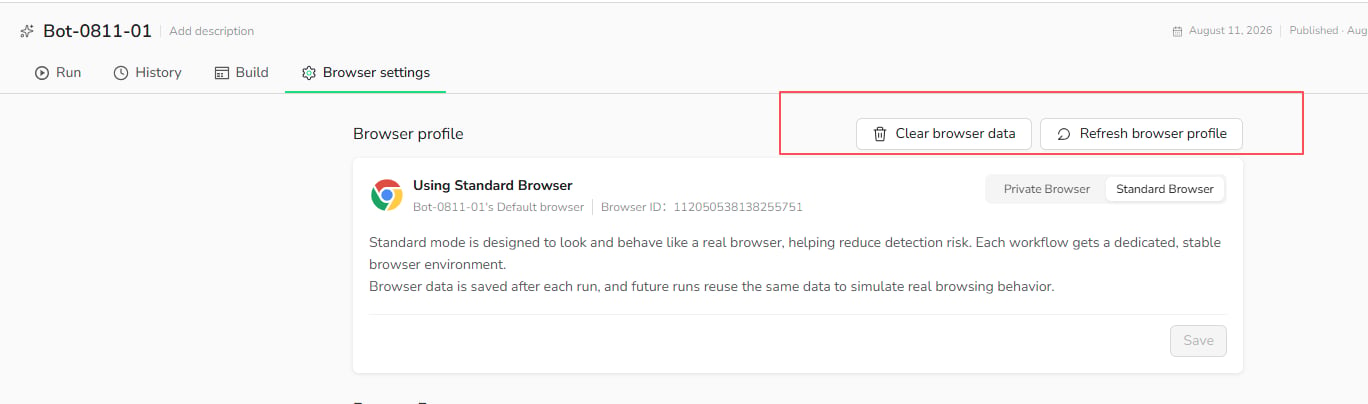 Clear browser data or refresh the browser profile