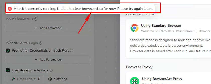 Browser data cannot be cleared while a Task is running
