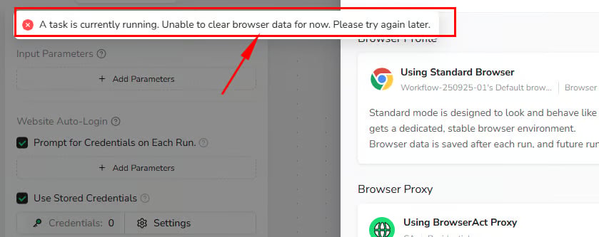 Browser data cannot be cleared while a Task is running