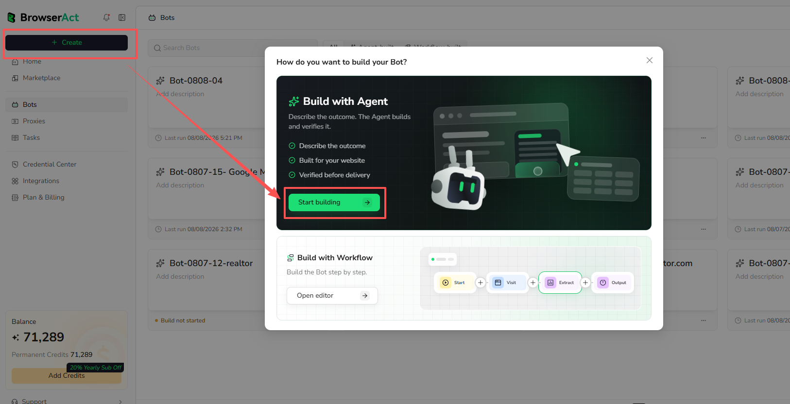 Select Create and start building with Agent