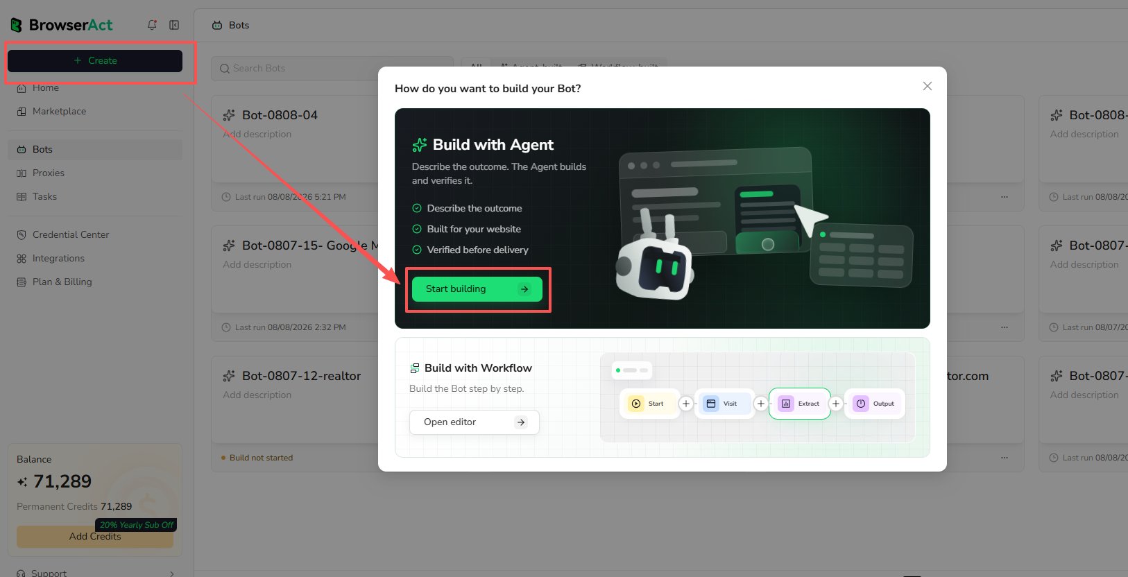 Select Create and start building with Agent