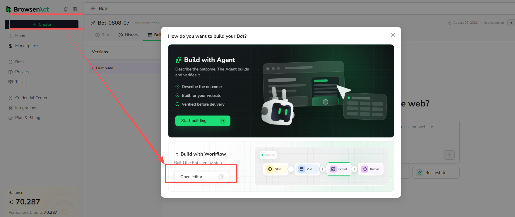 Open Build with Workflow from the Create menu