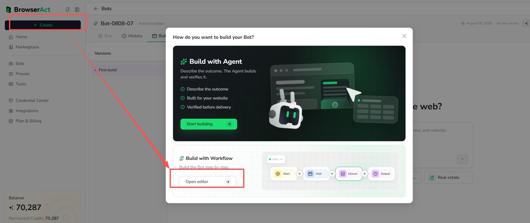 Open Build with Workflow from the Create menu