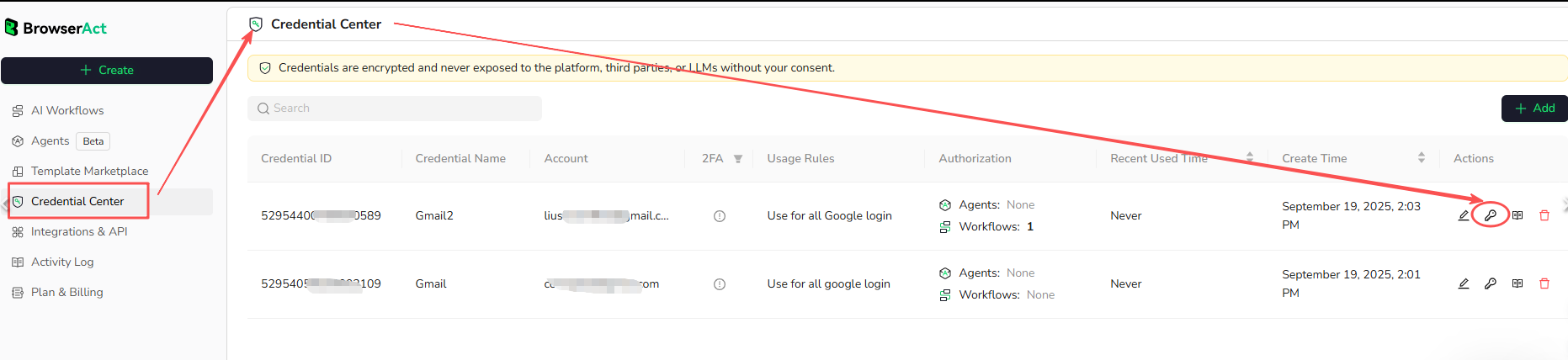Open the workflow authorization settings for a credential