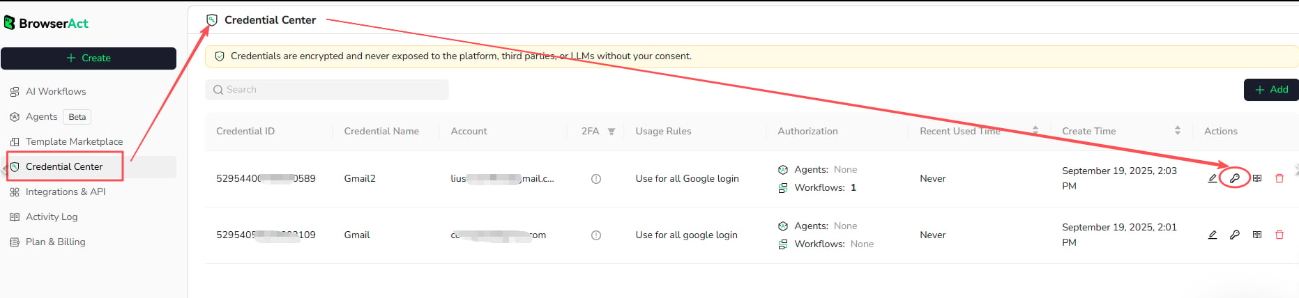 Open the workflow authorization settings for a credential