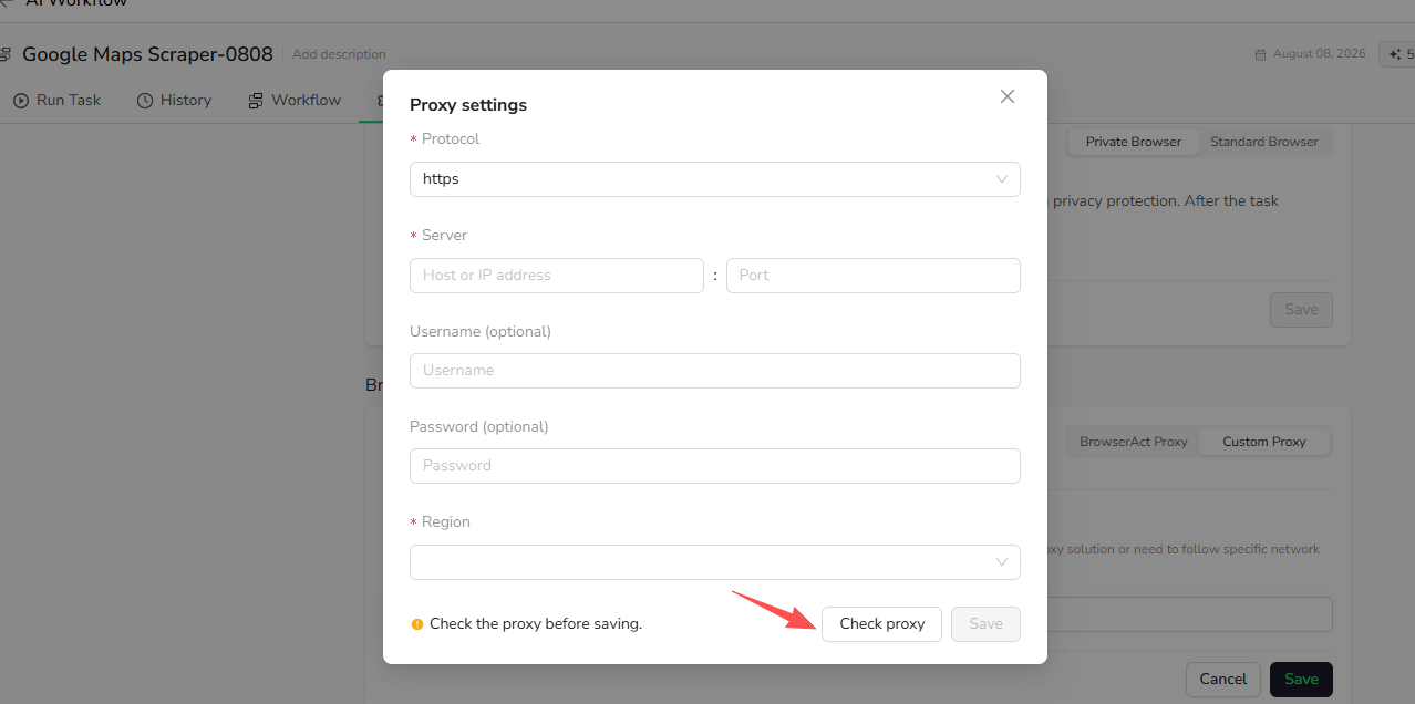 Enter and validate the Custom Proxy settings