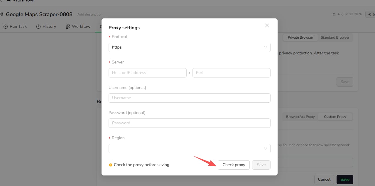 Enter and validate the Custom Proxy settings