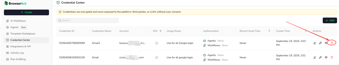 Delete a credential from Credential Center