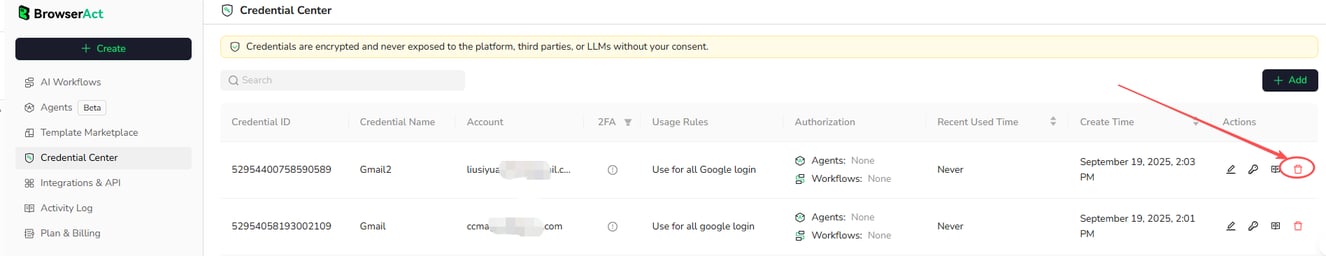 Delete a credential from Credential Center
