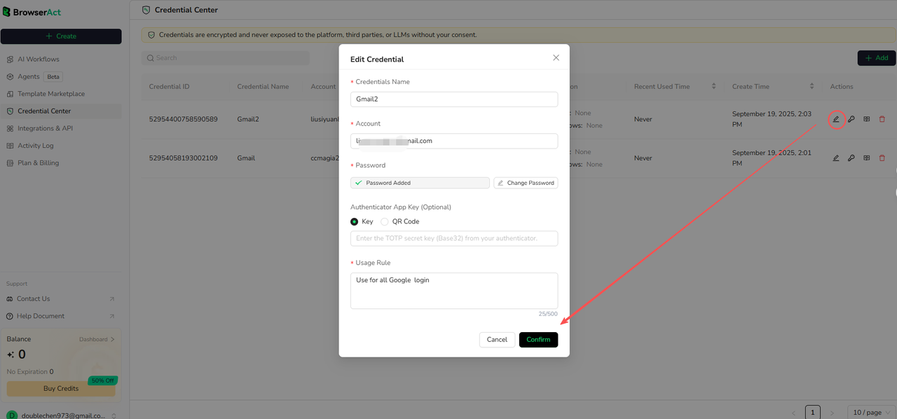 Edit an existing credential