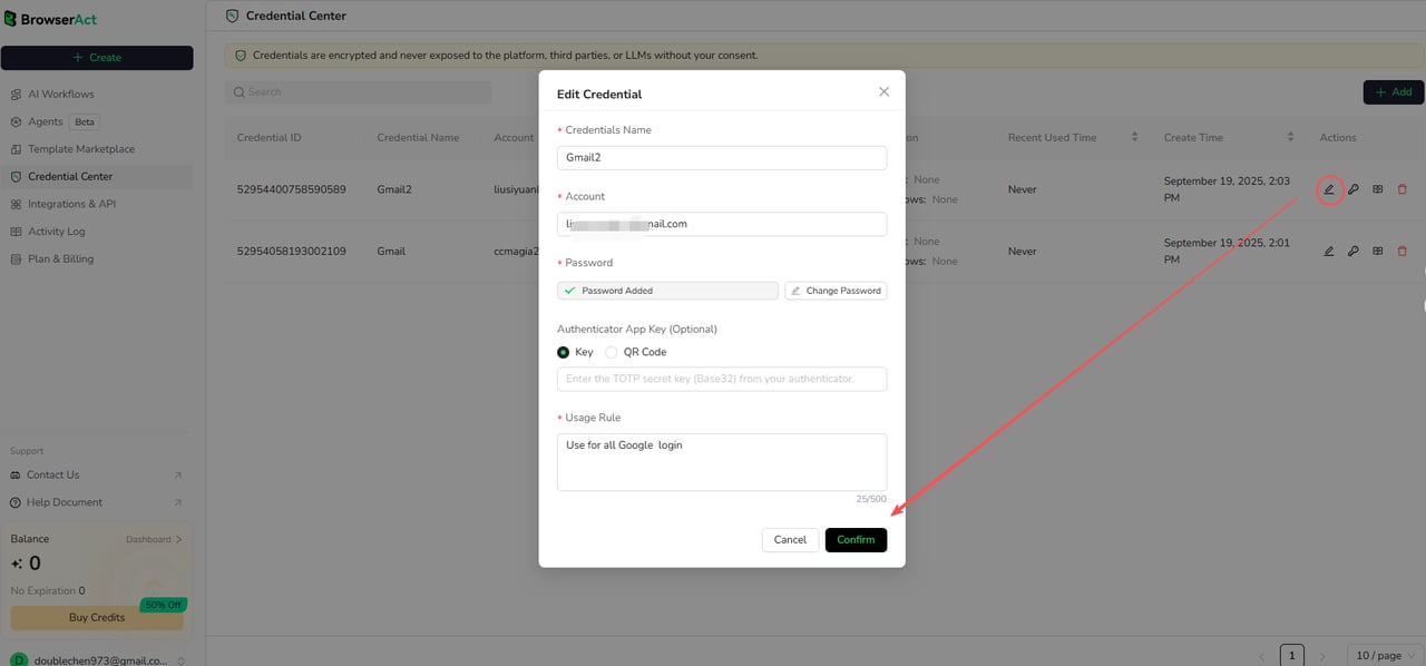Edit an existing credential