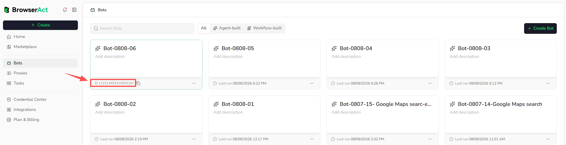 Find and copy a Bot ID from the Bots page