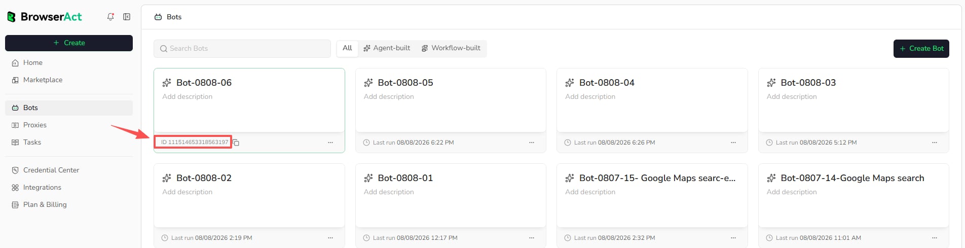 Find and copy a Bot ID from the Bots page