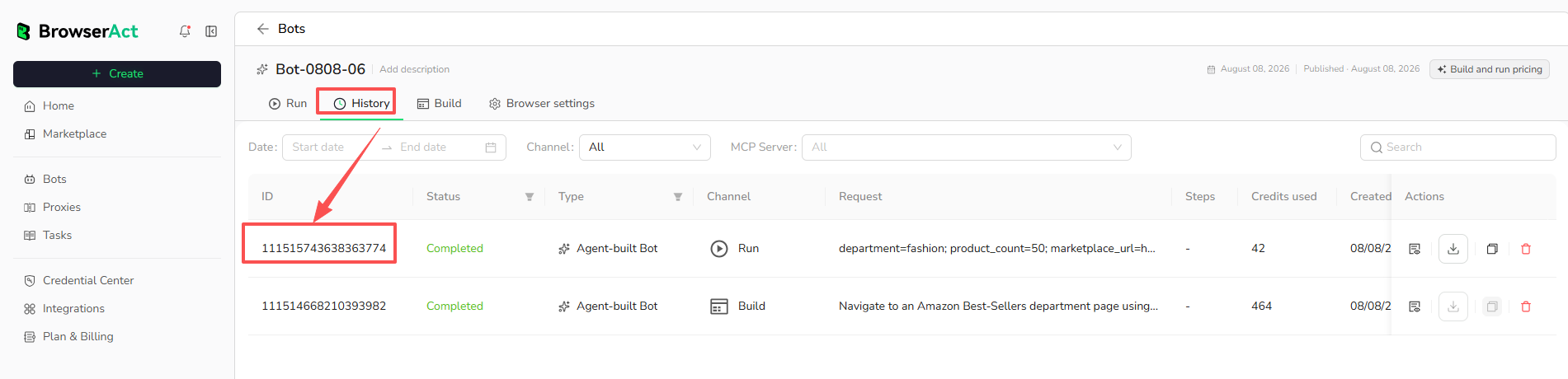 Find a Task ID in the Bot History