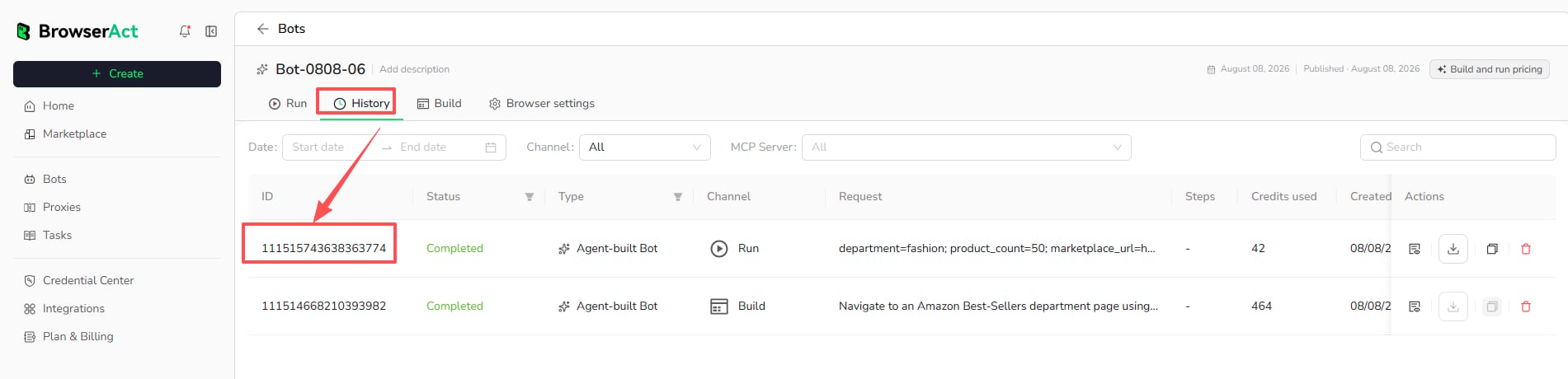 Find a Task ID in the Bot History