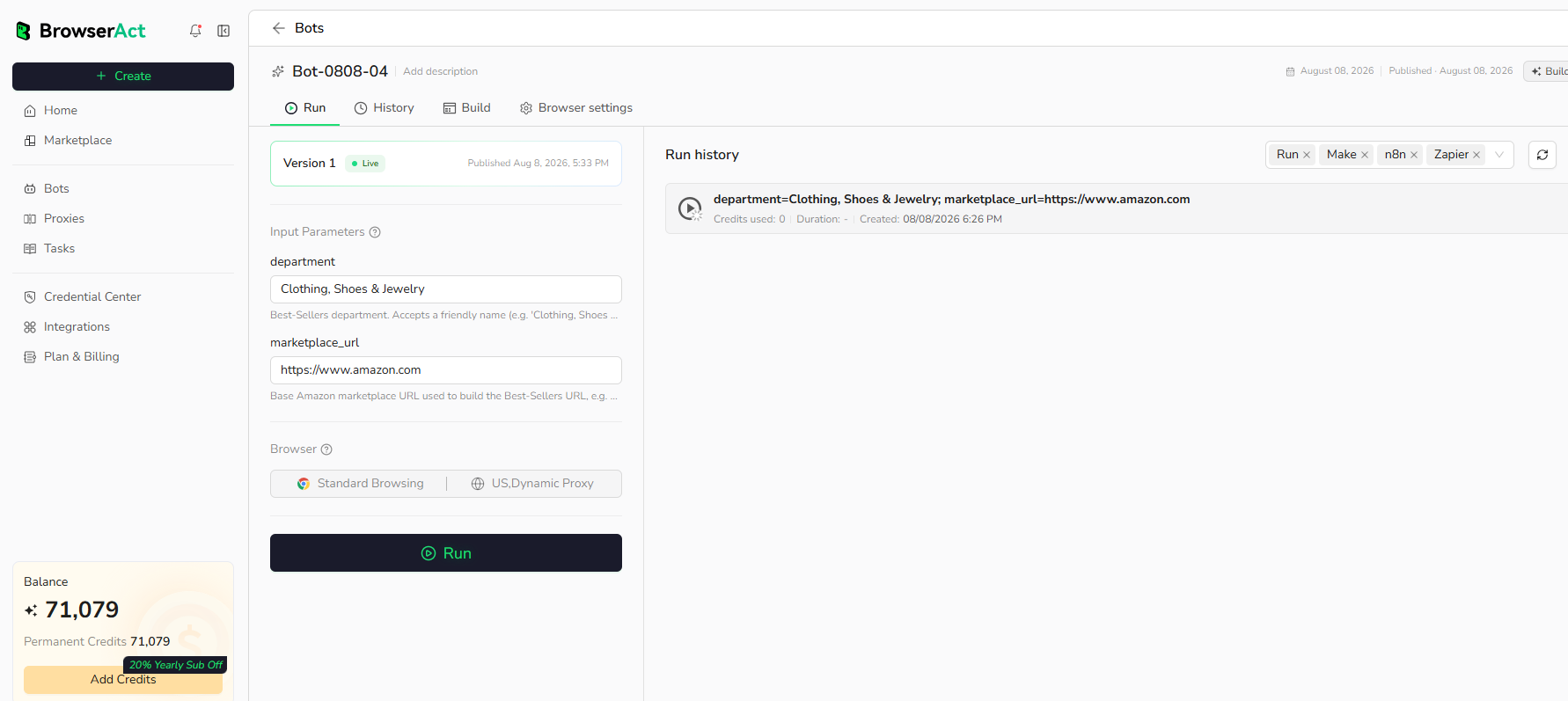 Enter the Bot inputs and start the run