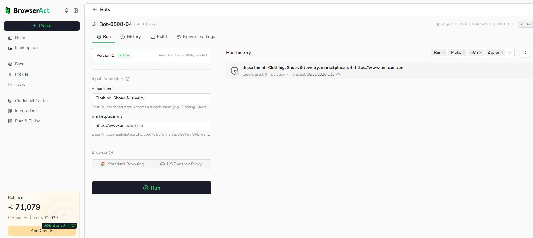 Enter the Bot inputs and start the run