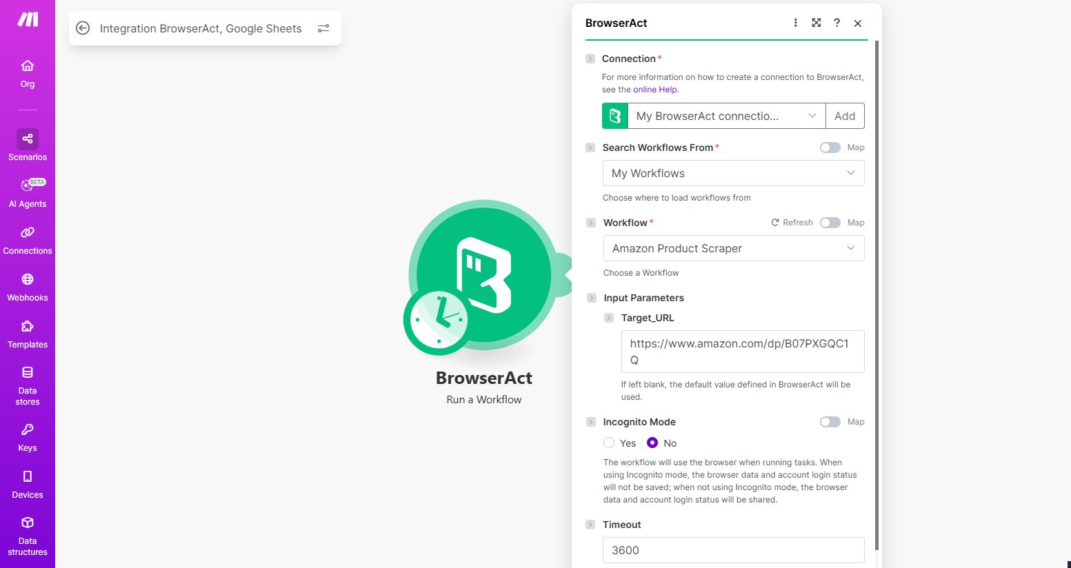Connect BrowserAct and select the Workflow