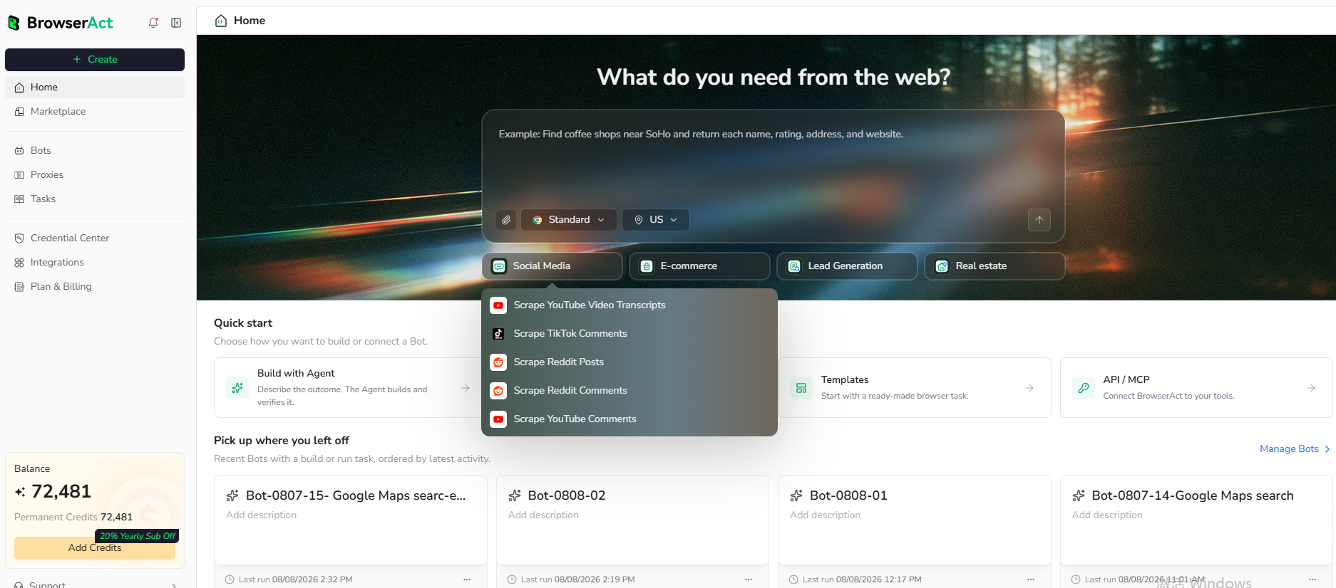 Choose a prompt template or enter your own request on Home