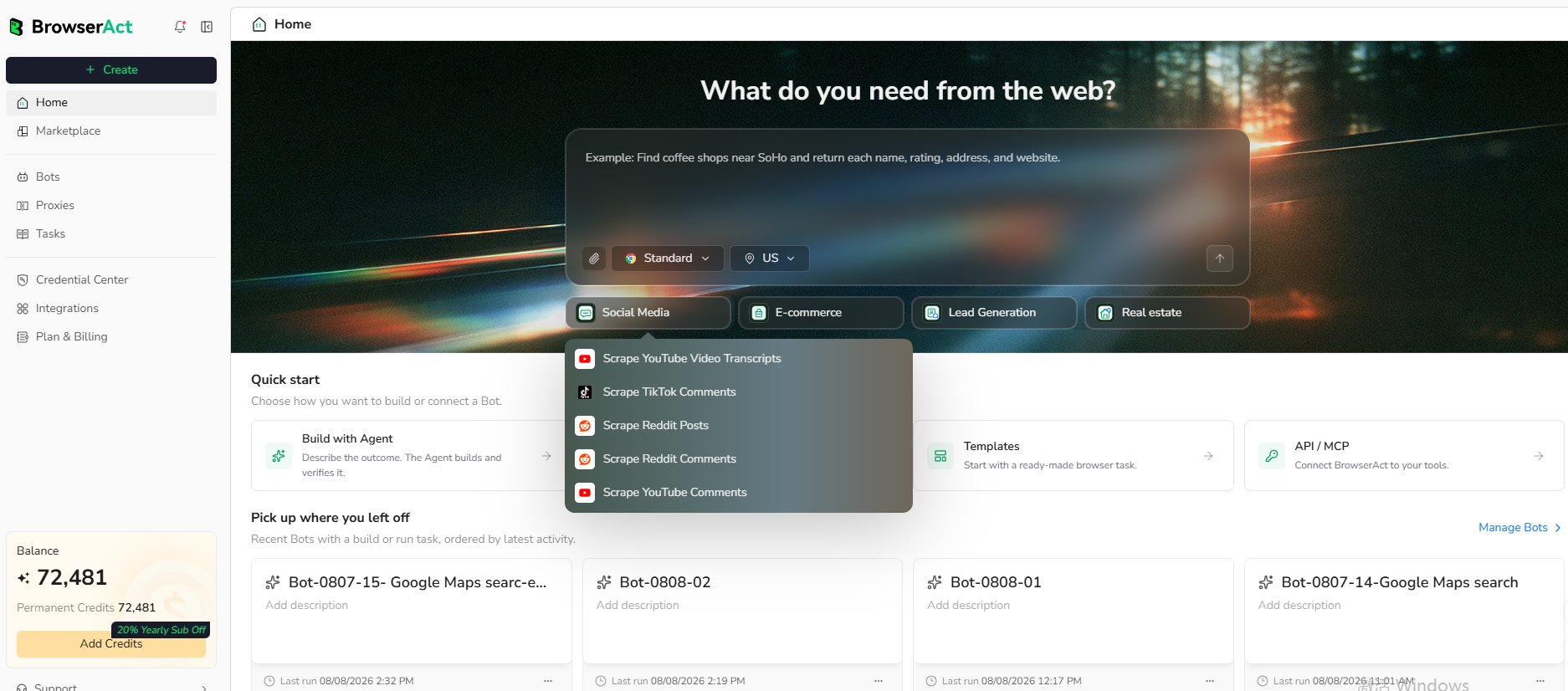 Choose a prompt template or enter your own request on Home