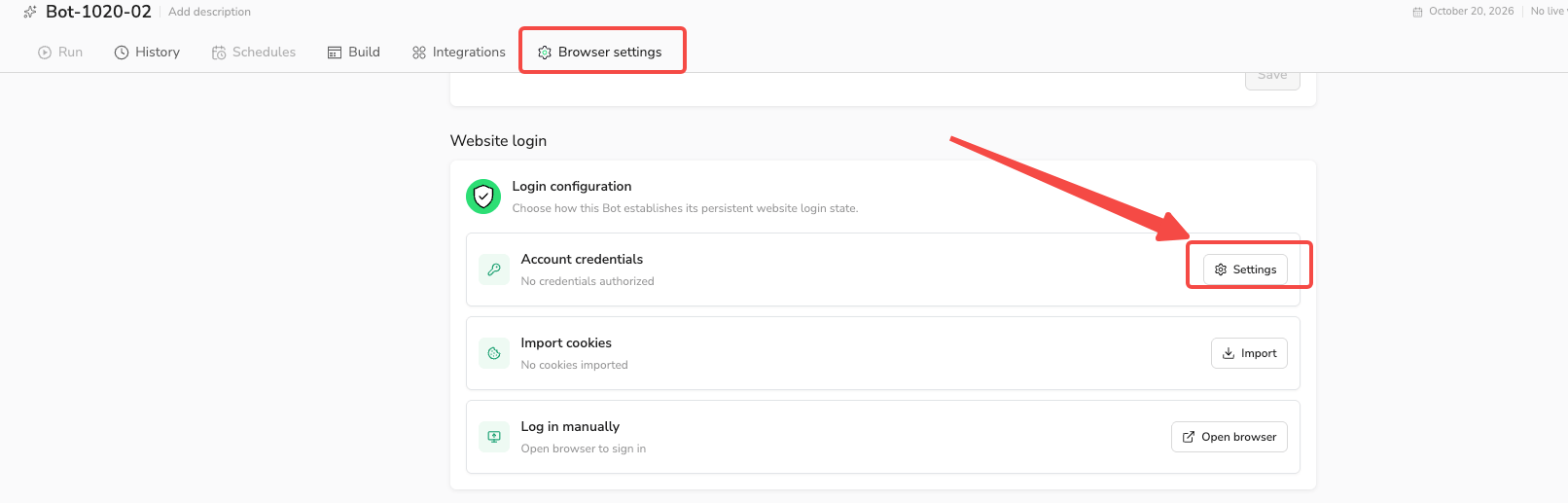 Open Account credentials Settings from the Bot's Browser settings tab