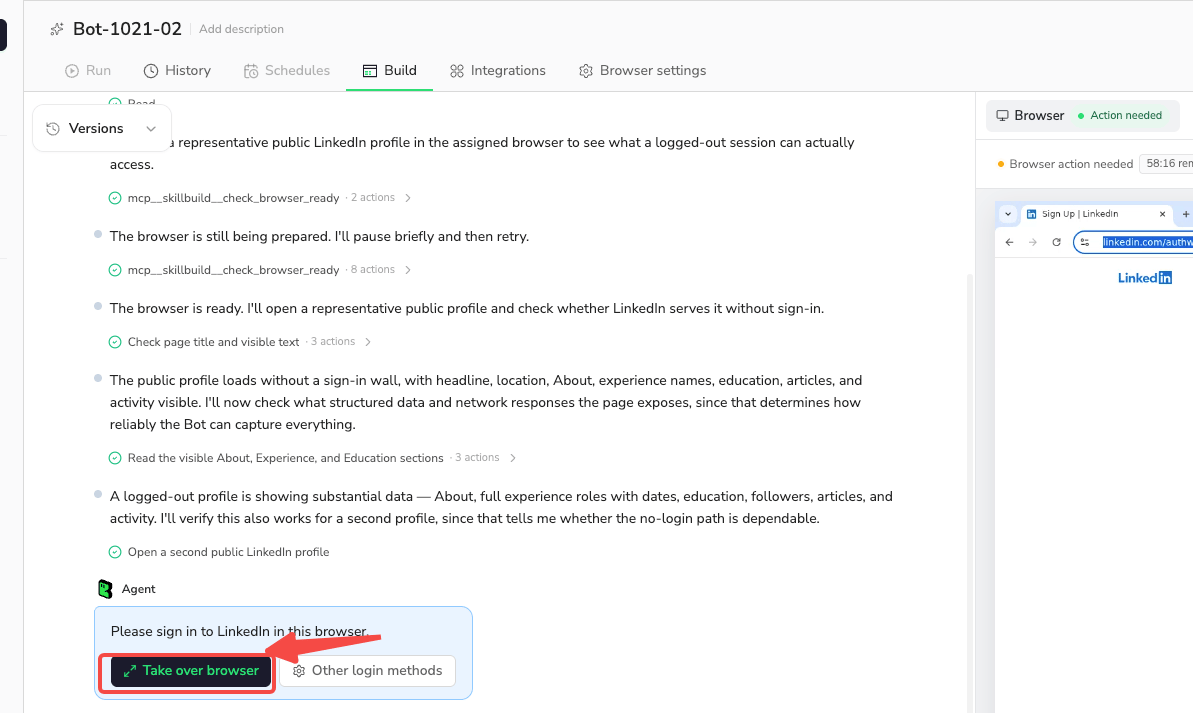 Select Take over browser when Build asks you to sign in