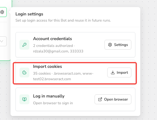 The Import cookies card shows the imported cookie count and domains