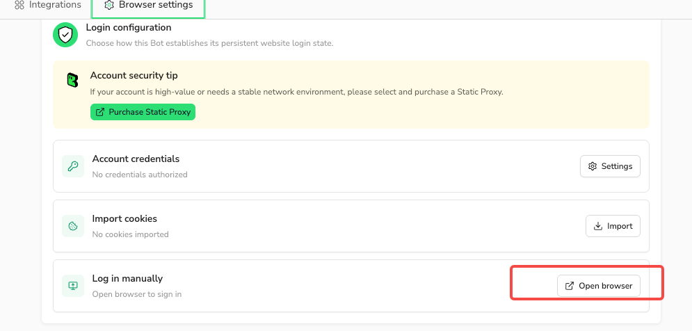 Select Open browser on the Log in manually card in Browser settings