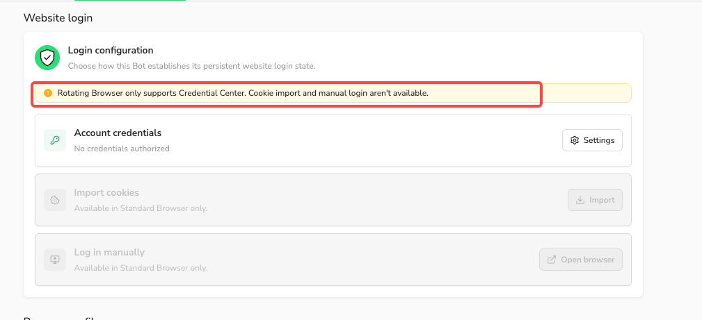 Rotating Browser supports Account credentials; Import cookies and Log in manually are unavailable