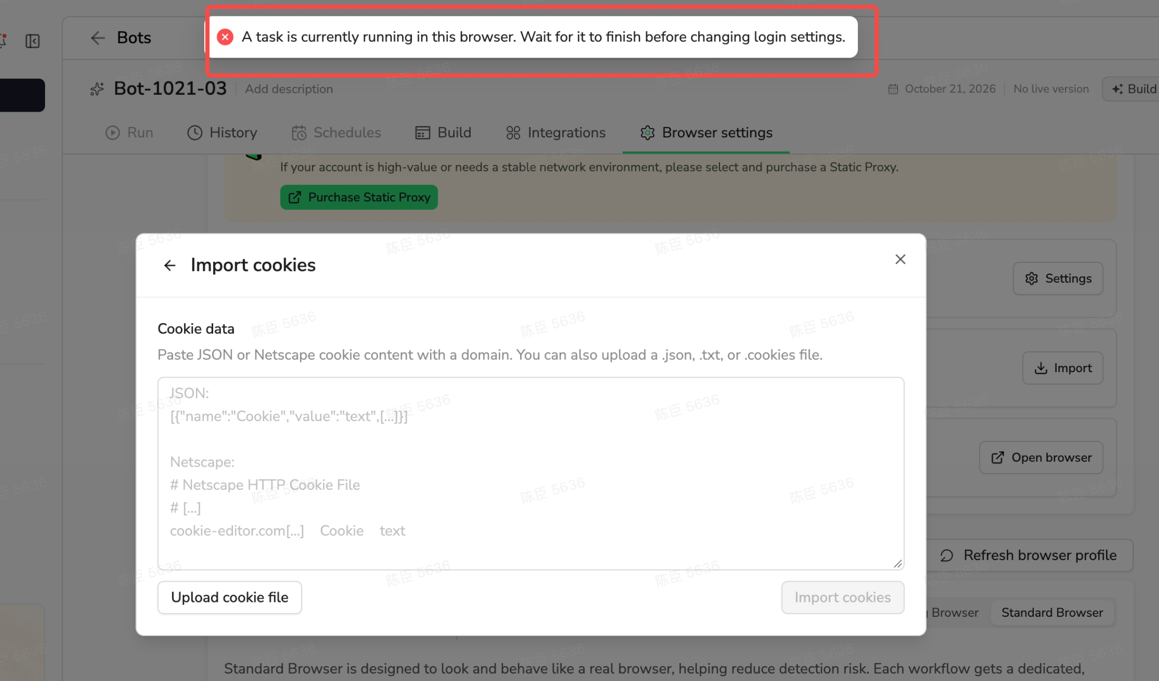 A running task blocks changes to the Bot's Login settings