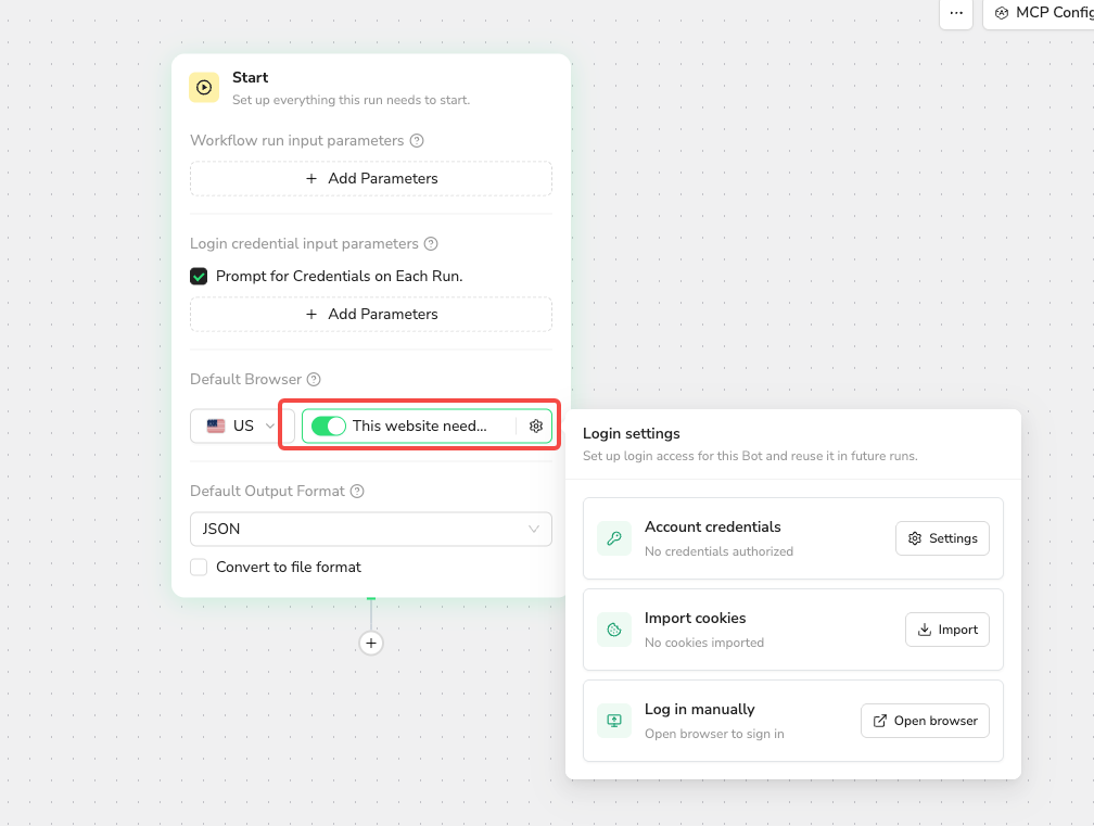 Open Login settings from Default Browser in the Workflow Start node