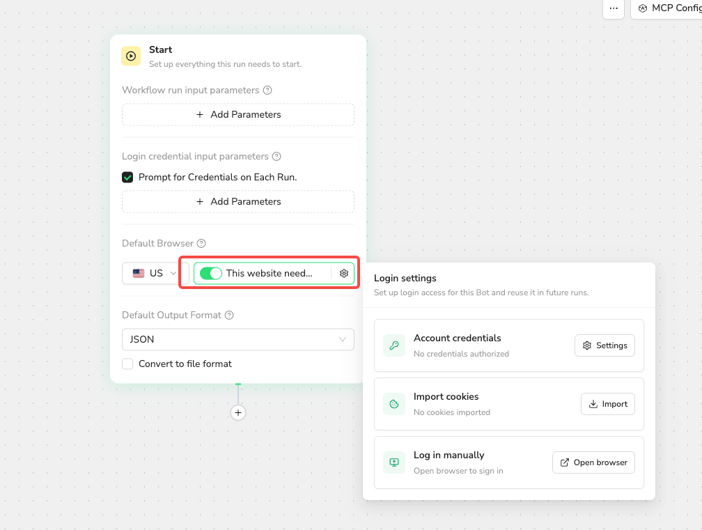 Open Login settings from Default Browser in the Workflow Start node