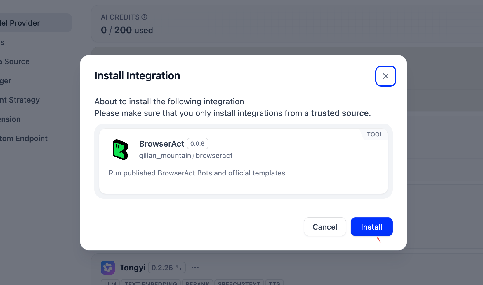 Select Install in the confirmation dialog.
