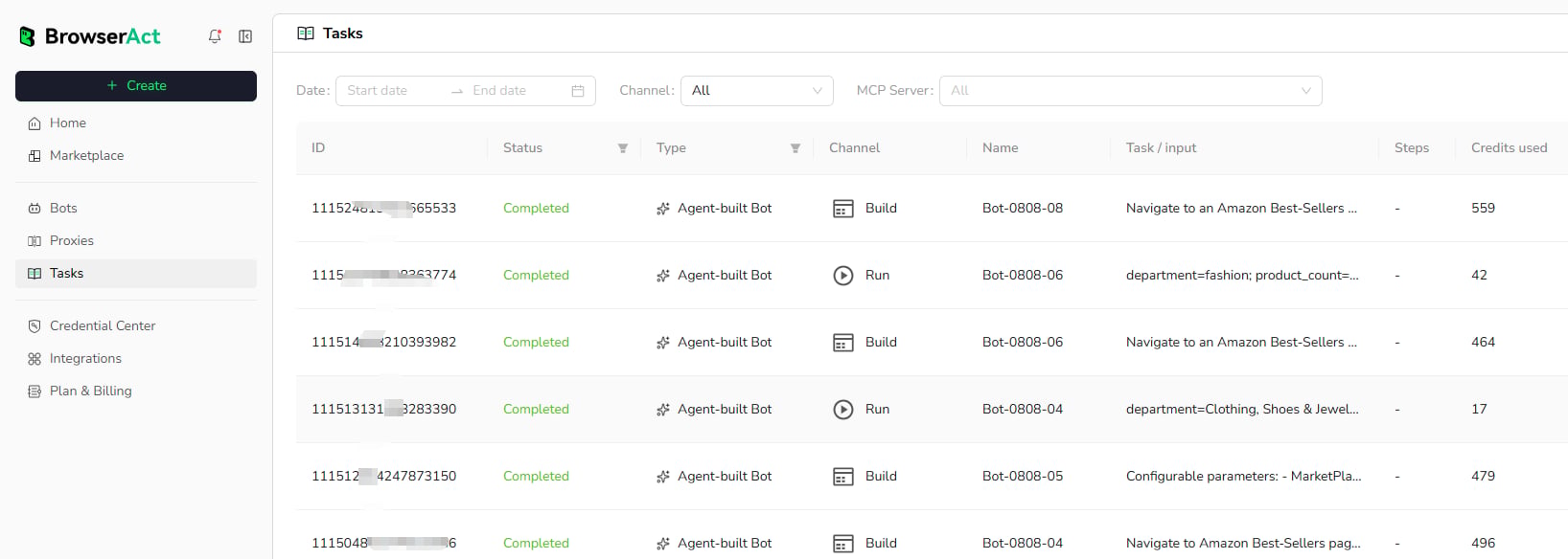 View tasks across all Bots
