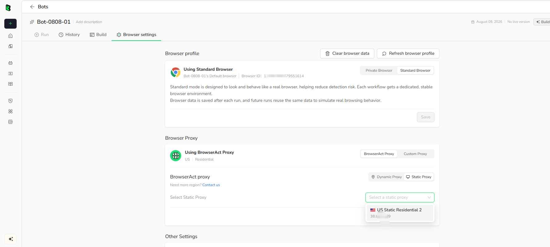 Select a purchased Static Proxy for a Cloud Bot