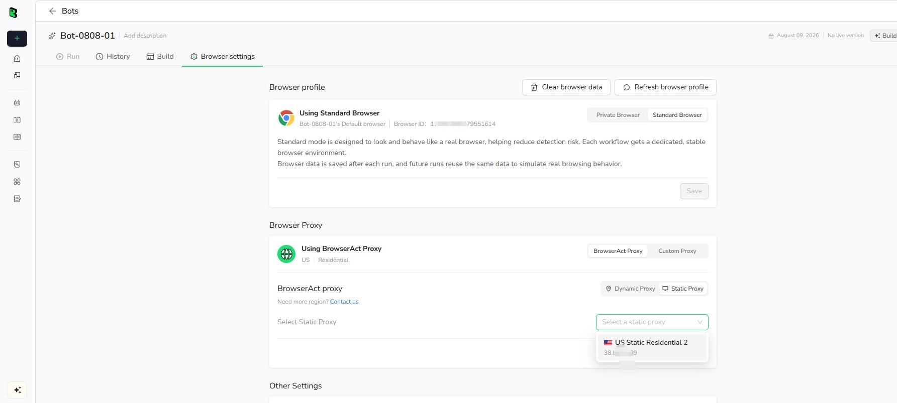 Select a purchased Static Proxy for a Cloud Bot