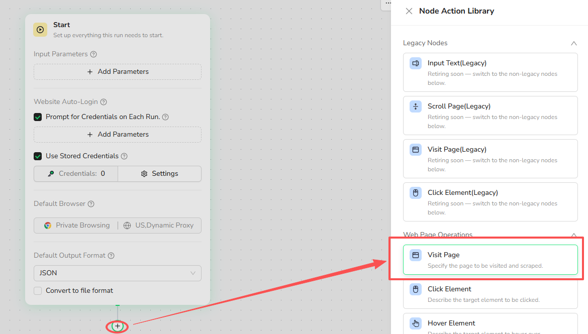 Add a Visit Page node from the Node Action Library