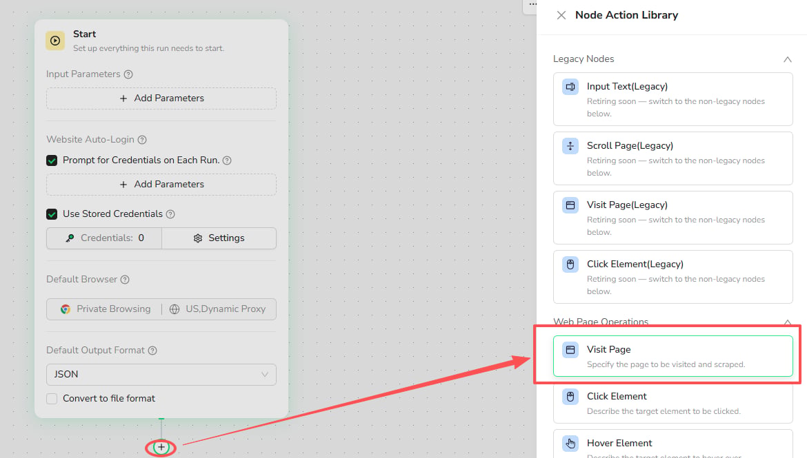 Add a Visit Page node from the Node Action Library
