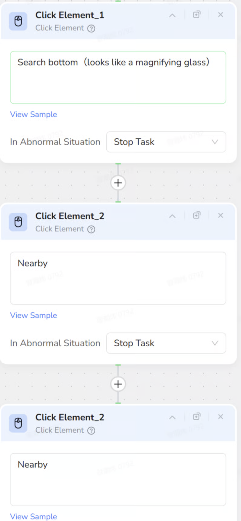 Click Element nodes configured for the Google Maps example