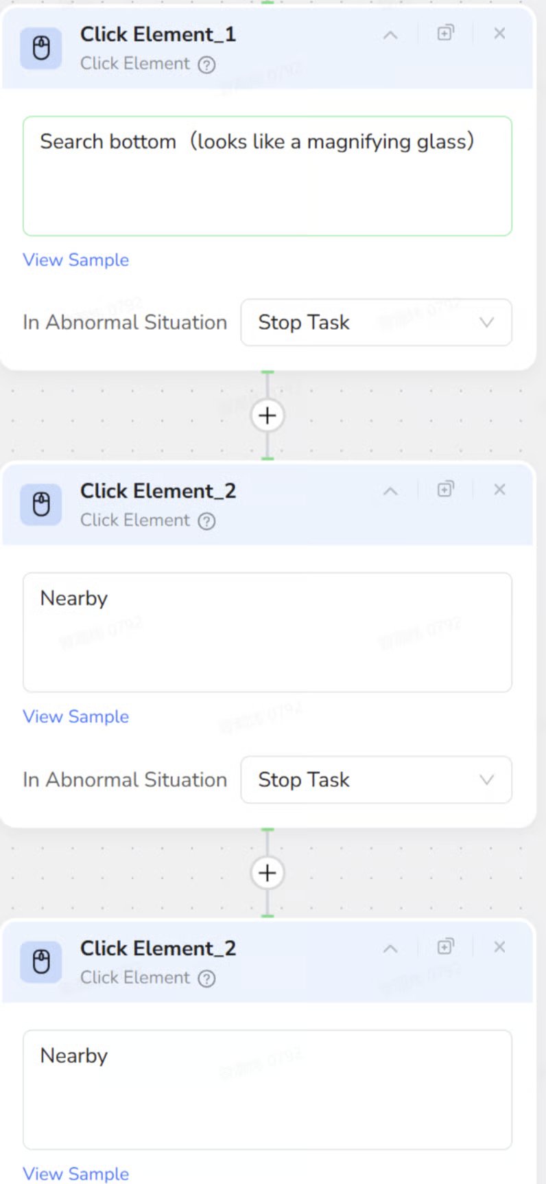 Click Element nodes configured for the Google Maps example