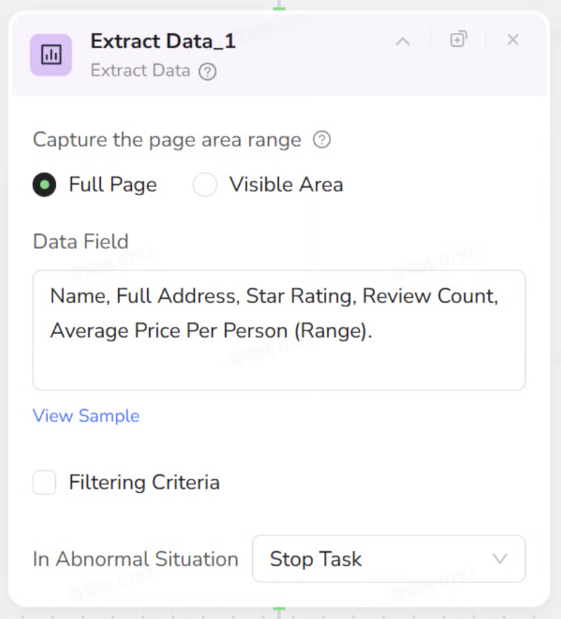 Extract Data node configured for restaurant records