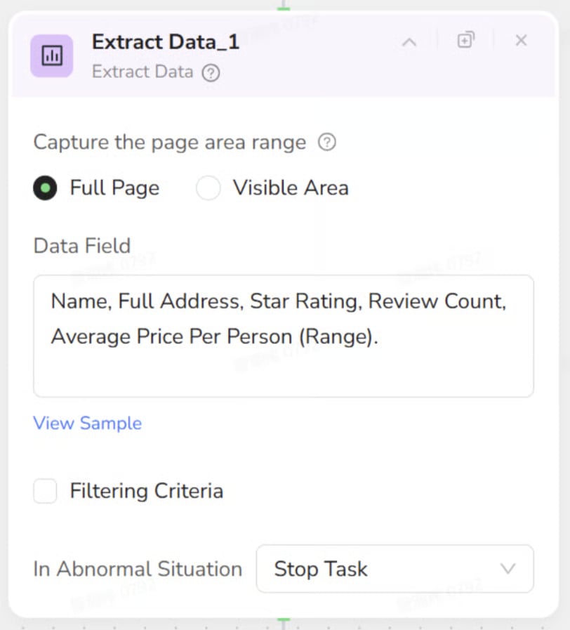 Extract Data node configured for restaurant records