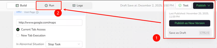 Publish the Workflow Built Bot as a new version, then open Run